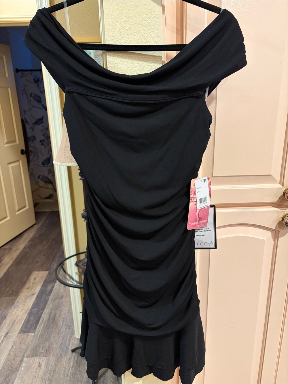Emerald Sundae Black off the-Shoulder Ruched party dress